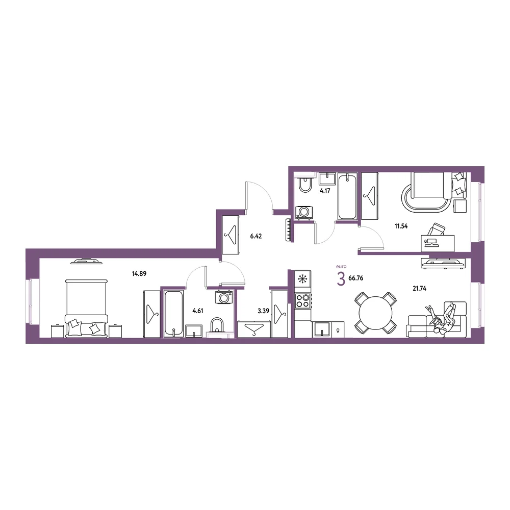 Планировка: Европейский берег 2.0 3-комнатная 66,76м²