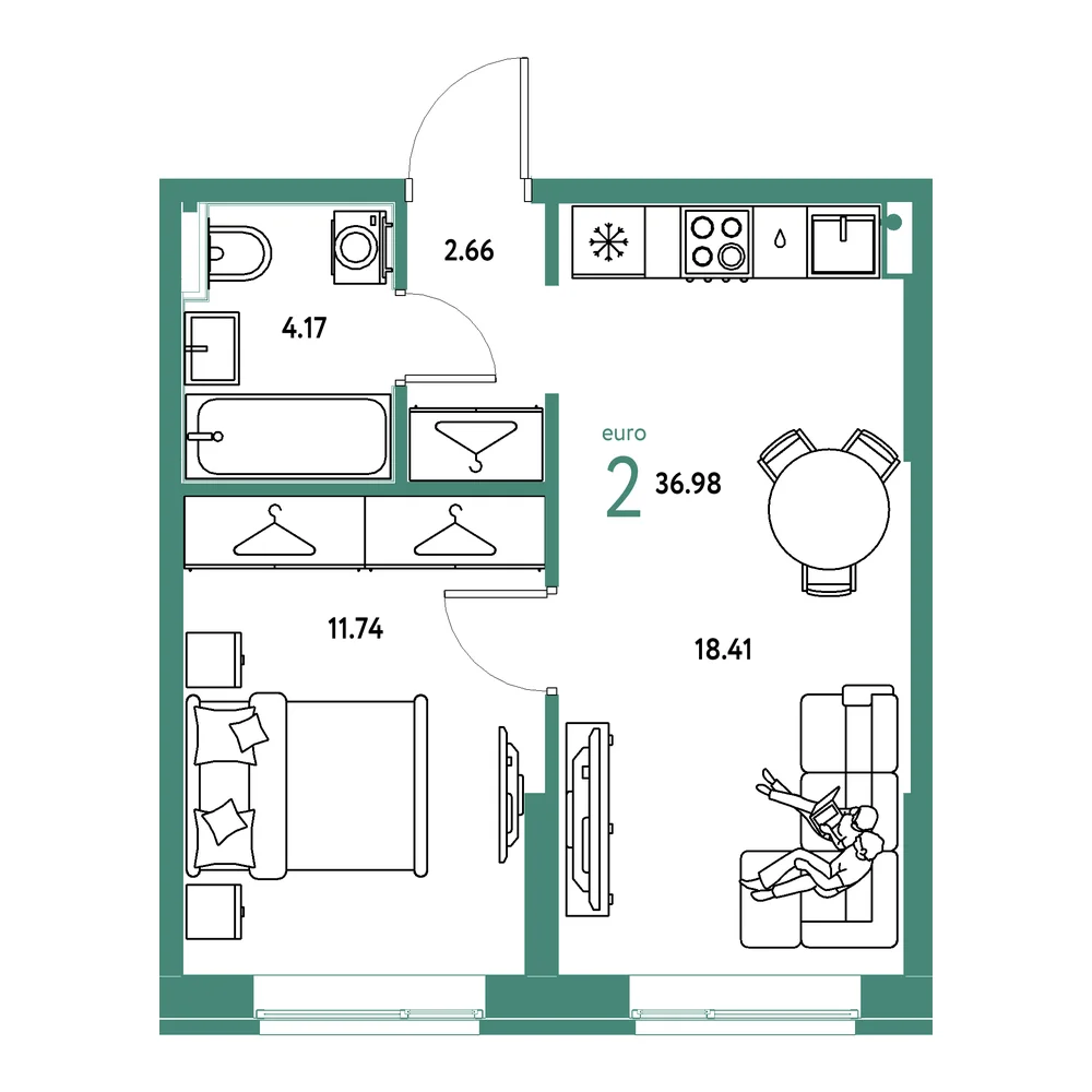 Планировка: Европейский берег 2.0 2-комнатная 36,98м²