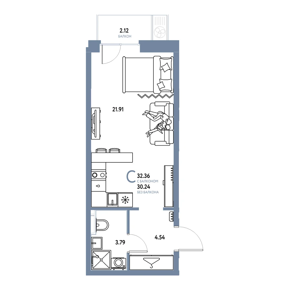 Планировка: Европейский берег 2.0 Студия 32,36м²
