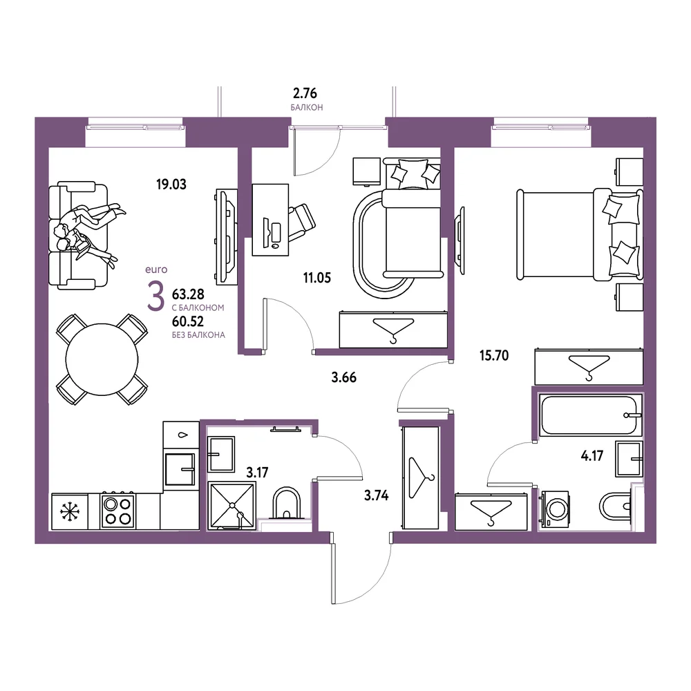 Планировка: Европейский берег 2.0 3-комнатная 63,28м²