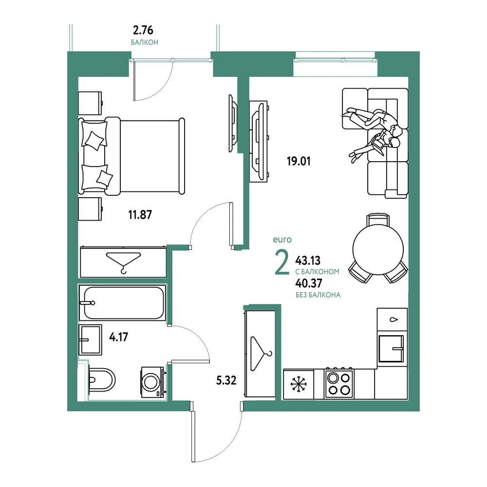 Планировка: Европейский берег 2.0 2-комнатная 43,13м²