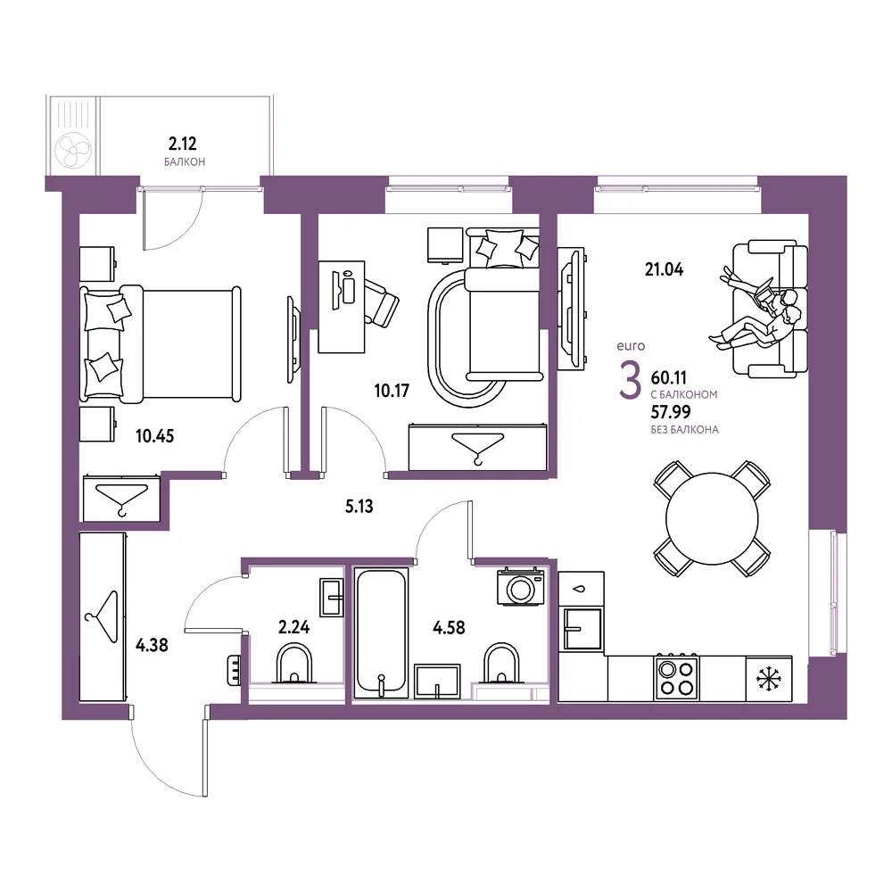 Планировка: Европейский берег 2.0 3-комнатная 60,11м²