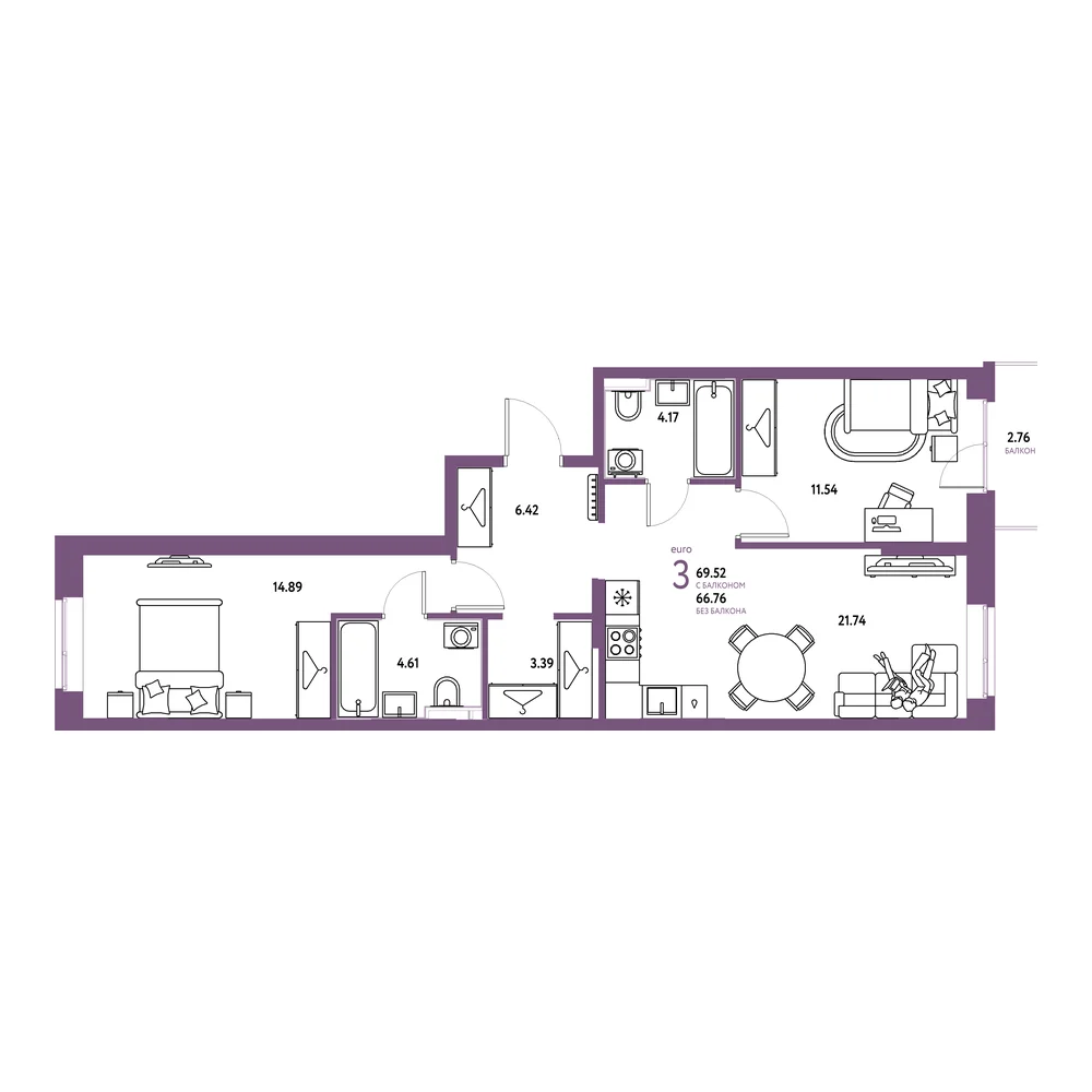 Планировка: Европейский берег 2.0 3-комнатная 69,52м²