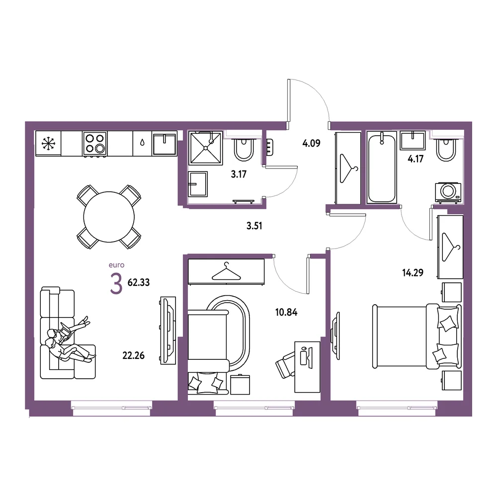 Планировка: Европейский берег 2.0 3-комнатная 62,33м²