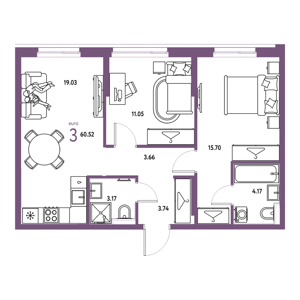Планировка: Европейский берег 2.0 3-комнатная 60,52м²
