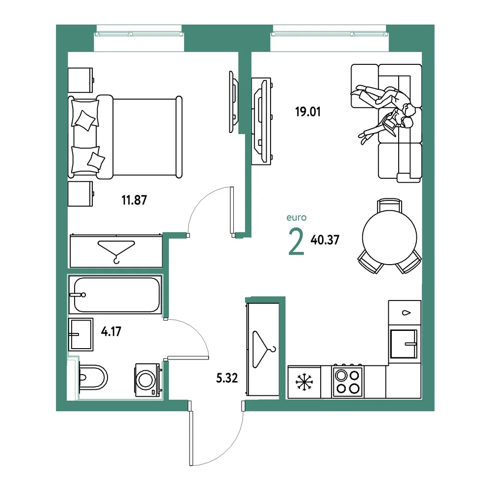 Планировка: Европейский берег 2.0 2-комнатная 40,37м²