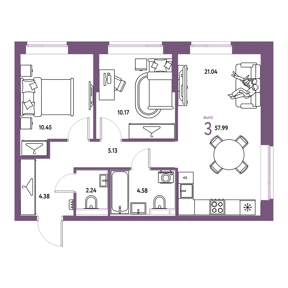 Планировка: Европейский берег 2.0 3-комнатная 57,99м²