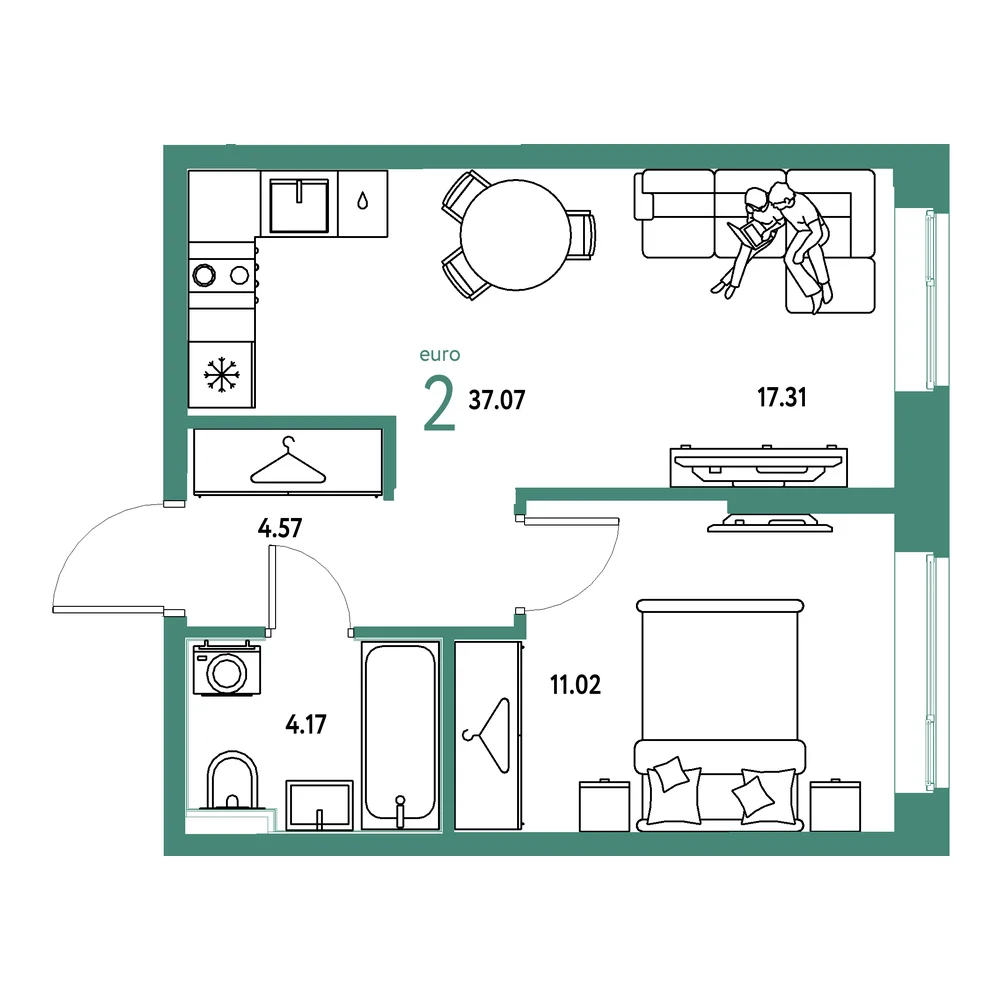 Планировка: Европейский берег 2.0 2-комнатная 37,07м²