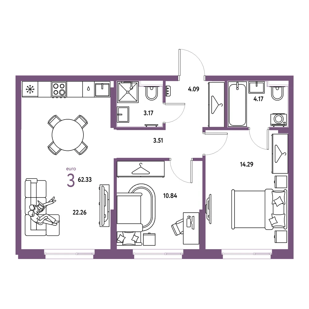 Планировка: Европейский берег 2.0 3-комнатная 62,33м²