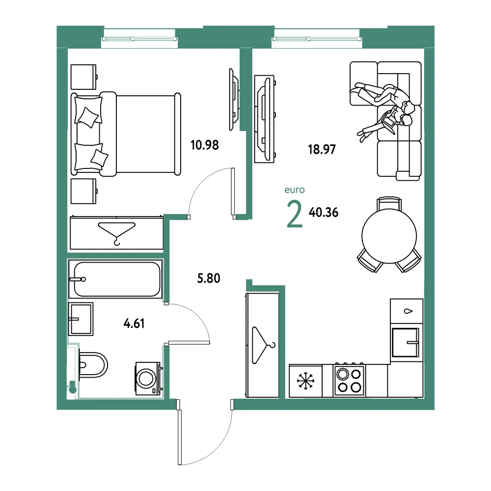 Планировка: Европейский берег 2.0 2-комнатная 40,36м²
