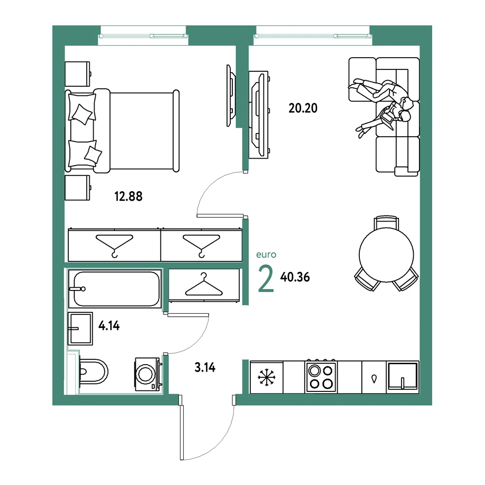 Планировка: Европейский берег 2.0 2-комнатная 40,36м²