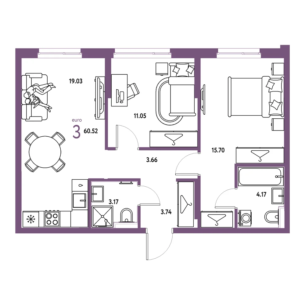 Планировка: Европейский берег 2.0 3-комнатная 60,52м²