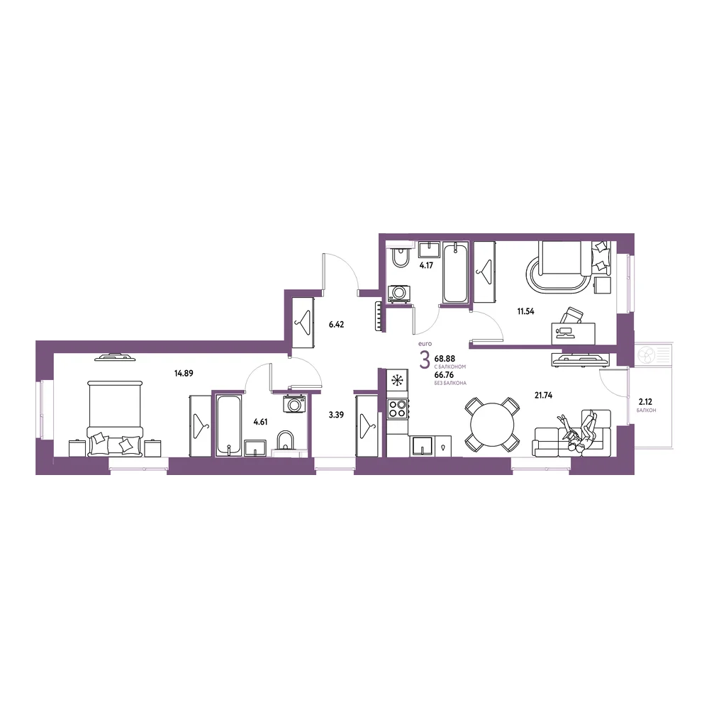 Планировка: Европейский берег 2.0 3-комнатная 68,88м²