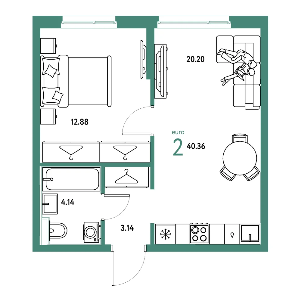 Планировка: Европейский берег 2.0 2-комнатная 40,36м²