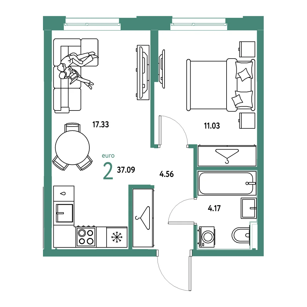 Планировка: Европейский берег 2.0 2-комнатная 37,09м²