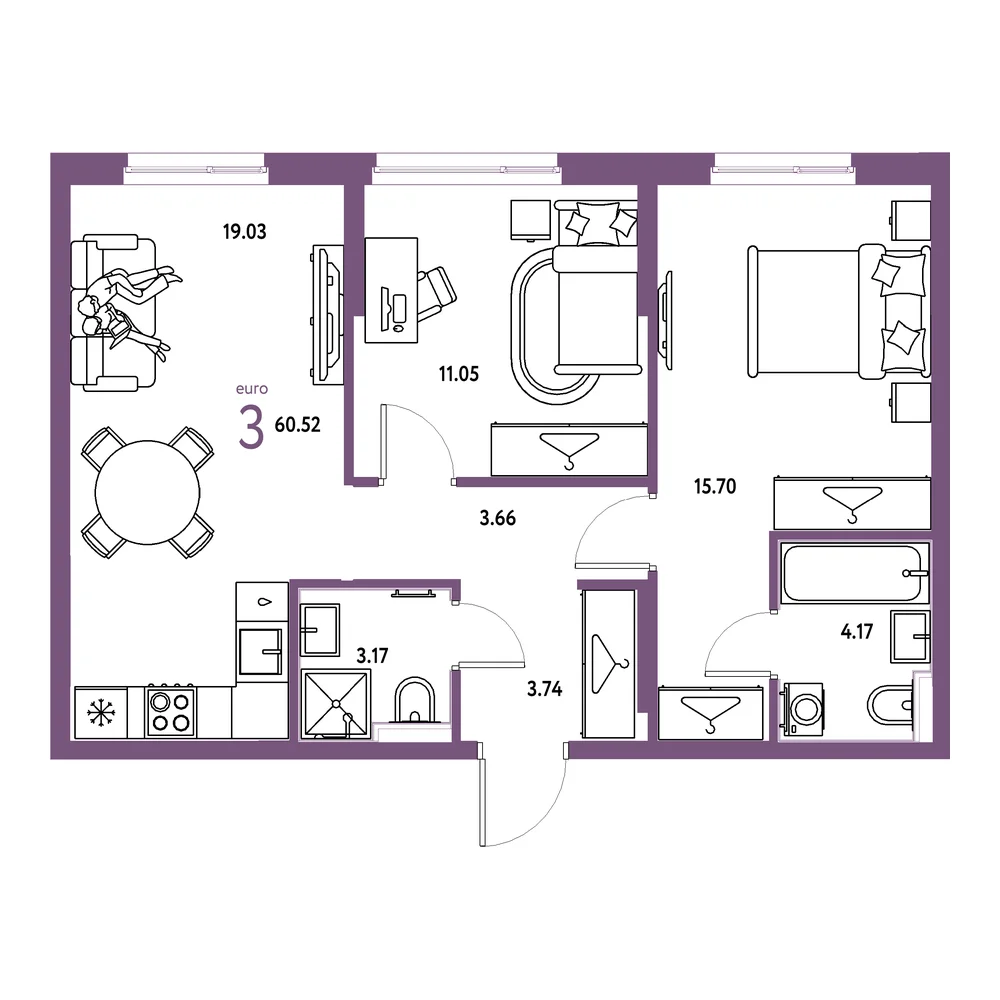 Планировка: Европейский берег 2.0 3-комнатная 60,52м²