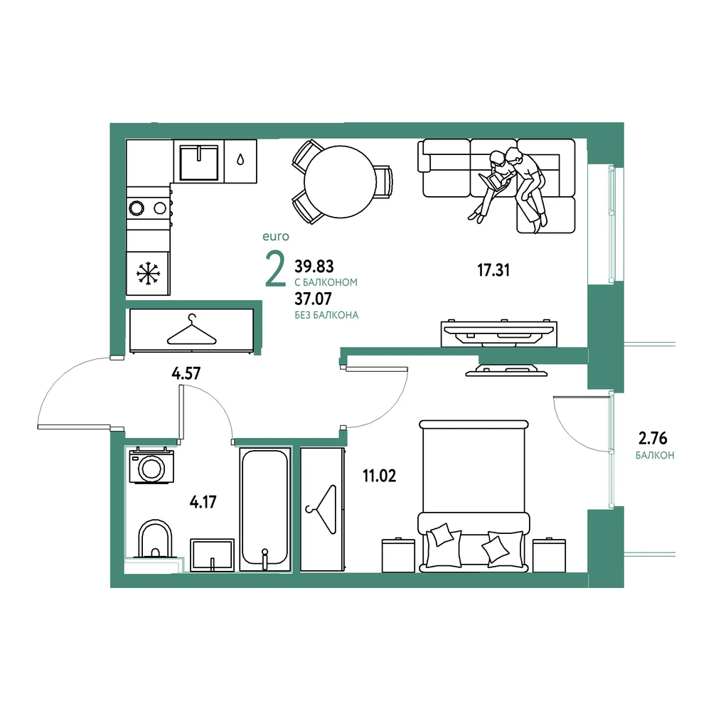 Планировка: Европейский берег 2.0 2-комнатная 39,83м²