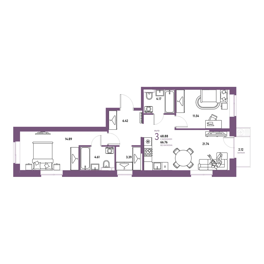 Планировка: Европейский берег 2.0 3-комнатная 68,88м²