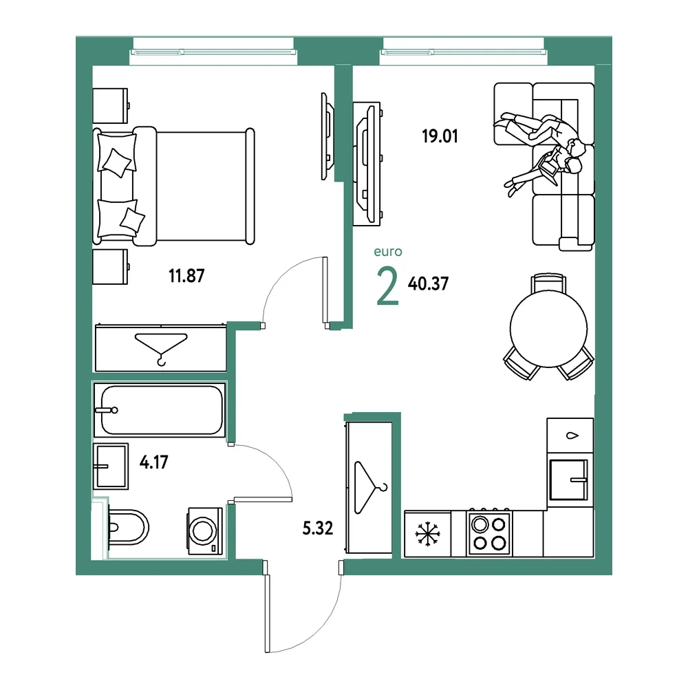 Планировка: Европейский берег 2.0 2-комнатная 40,37м²
