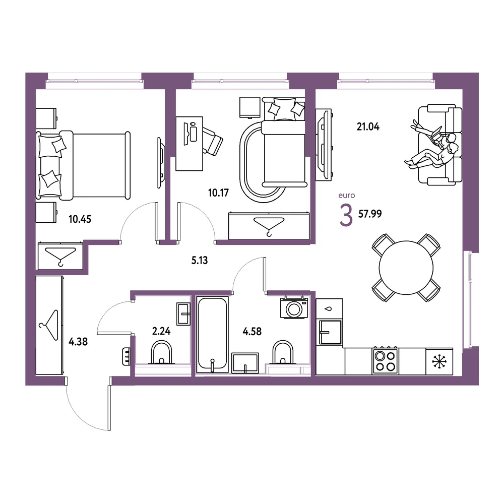 Планировка: Европейский берег 2.0 3-комнатная 57,99м²