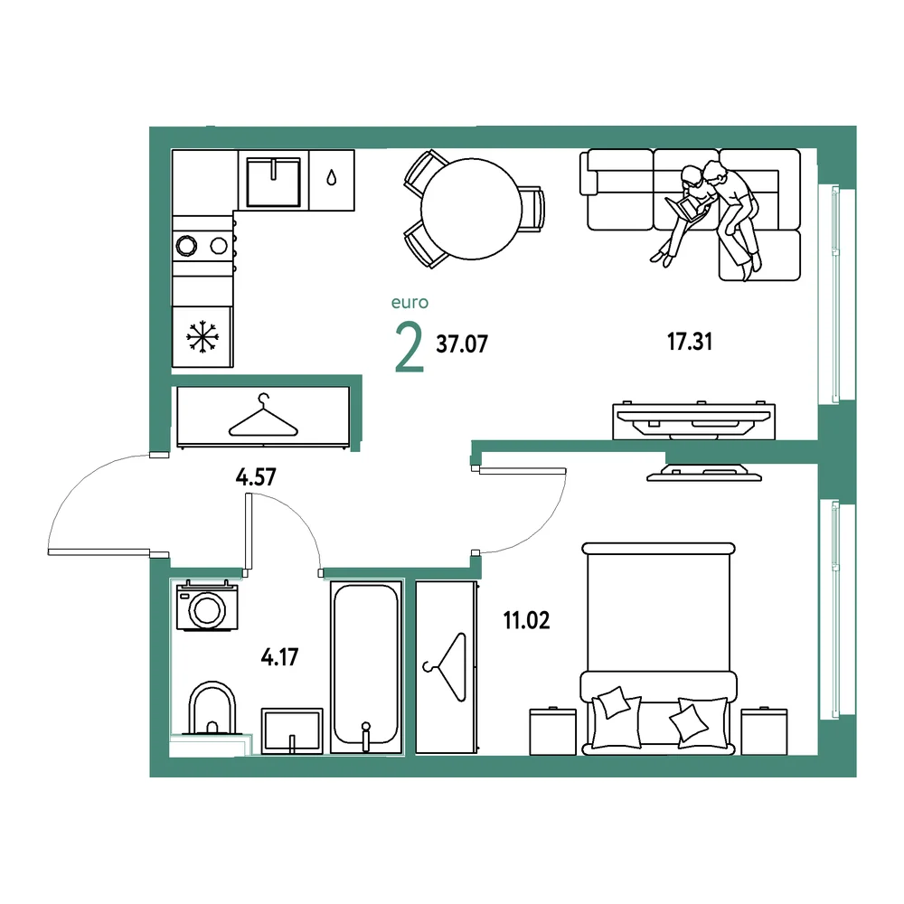 Планировка: Европейский берег 2.0 2-комнатная 37,07м²