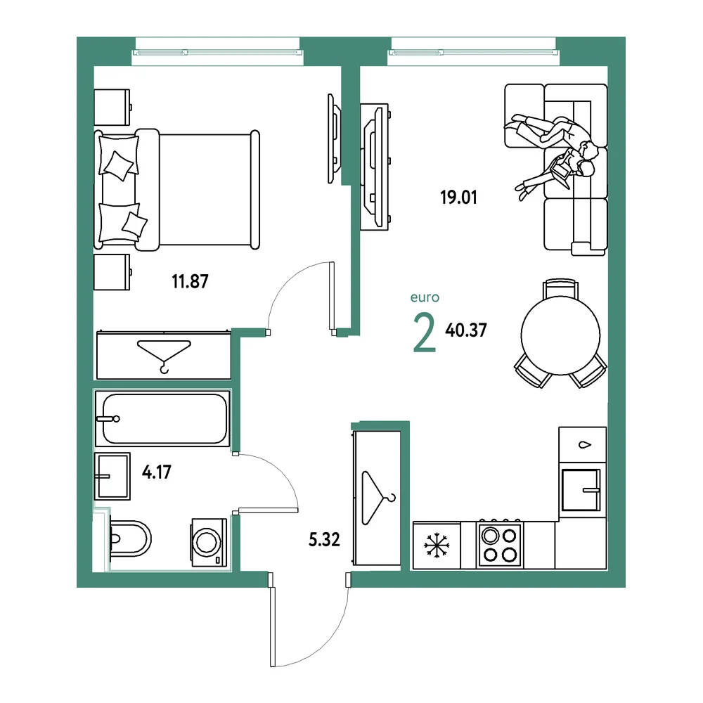 Планировка: Европейский берег 2.0 2-комнатная 40,37м²