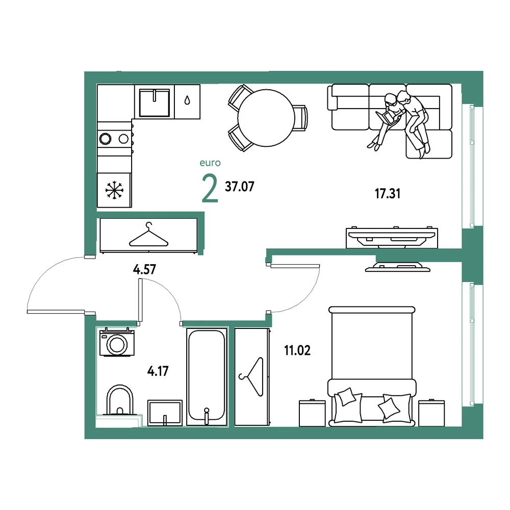 Планировка: Европейский берег 2.0 2-комнатная 37,07м²