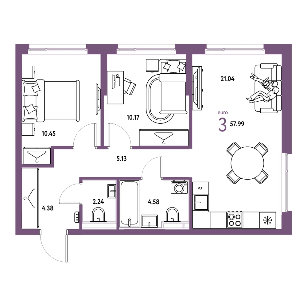 Планировка: Европейский берег 2.0 3-комнатная 57,99м²