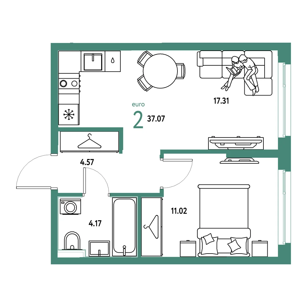 Планировка: Европейский берег 2.0 2-комнатная 37,07м²
