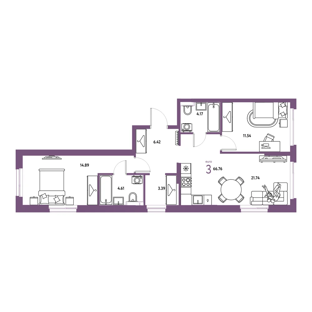 Планировка: Европейский берег 2.0 3-комнатная 66,76м²