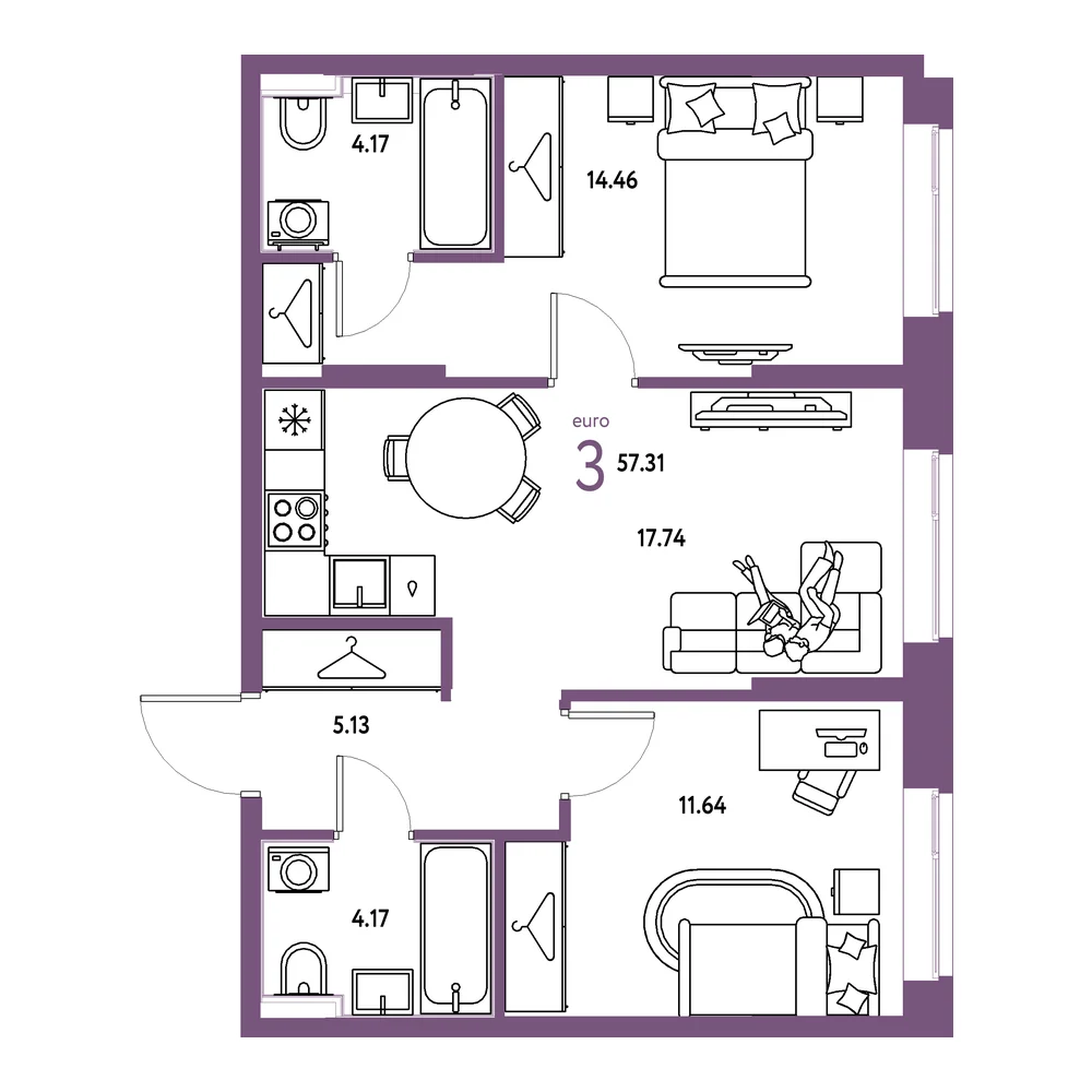 Планировка: Европейский берег 2.0 3-комнатная 57,31м²