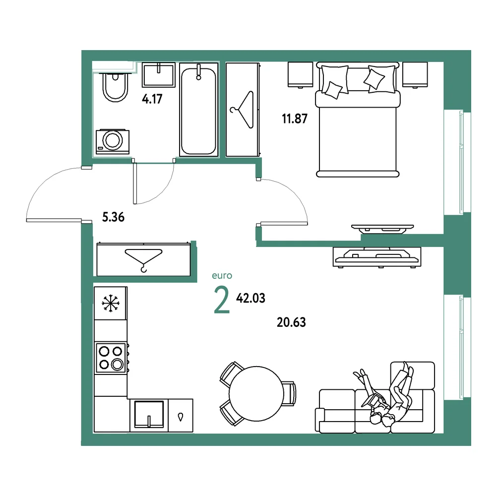 Планировка: Европейский берег 2.0 2-комнатная 42,03м²