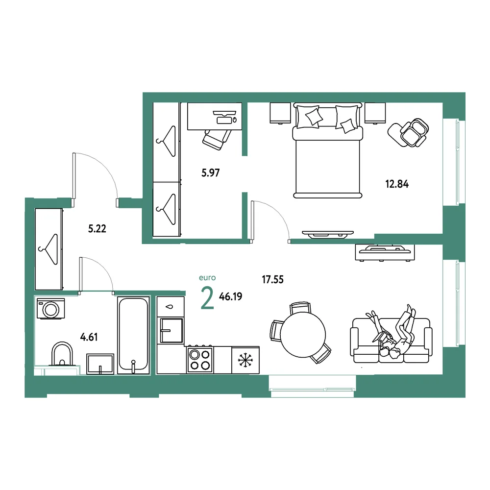 Планировка: Европейский берег 2.0 2-комнатная 46,19м²