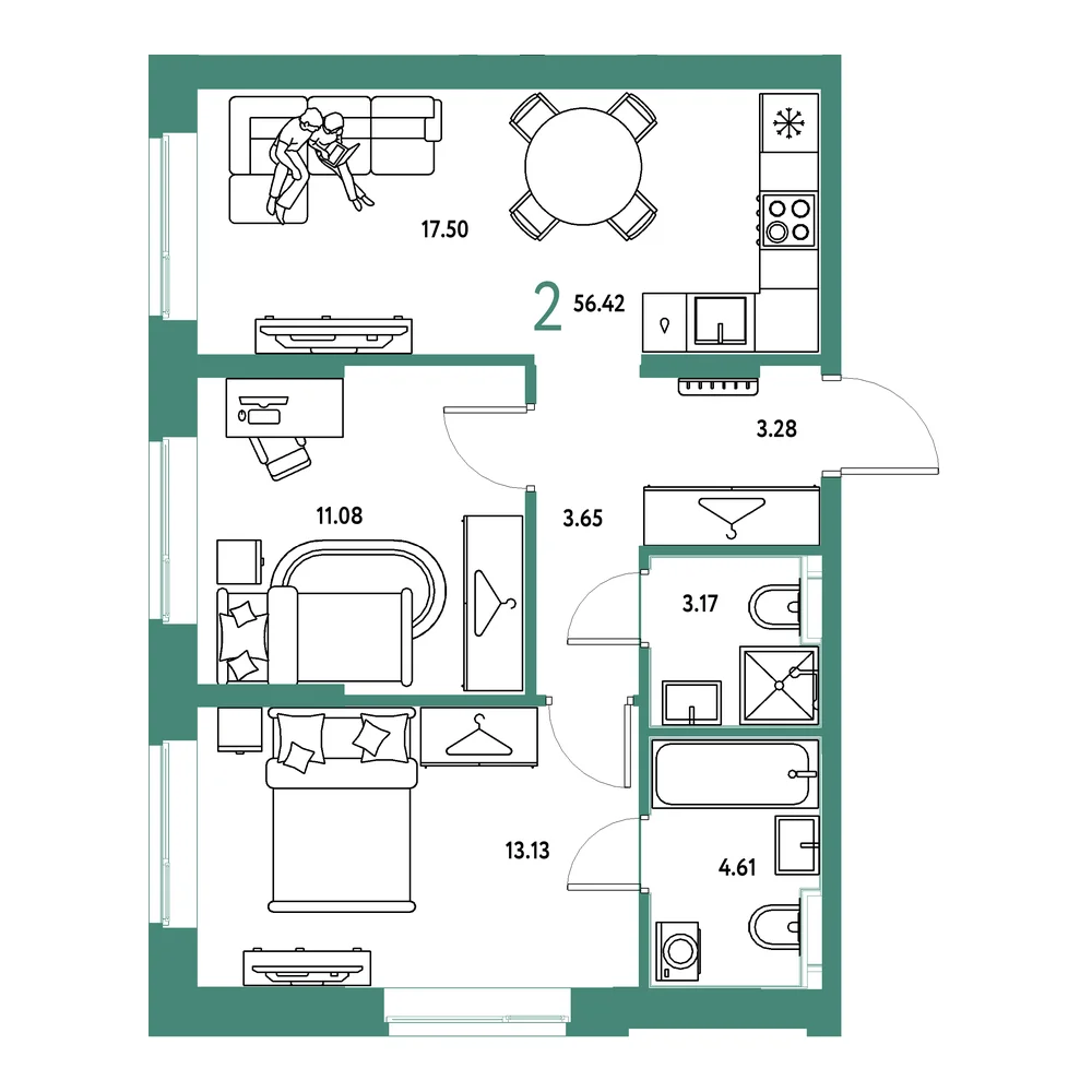 Планировка: Европейский берег 2.0 2-комнатная 56,42м²