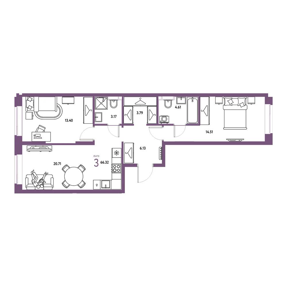 Планировка: Европейский берег 2.0 3-комнатная 66,32м²