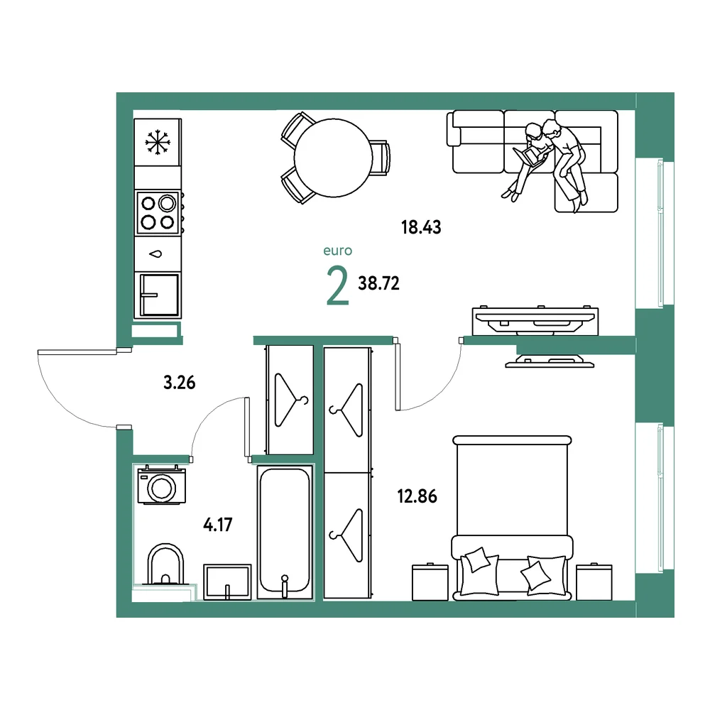 Планировка: Европейский берег 2.0 2-комнатная 38,72м²