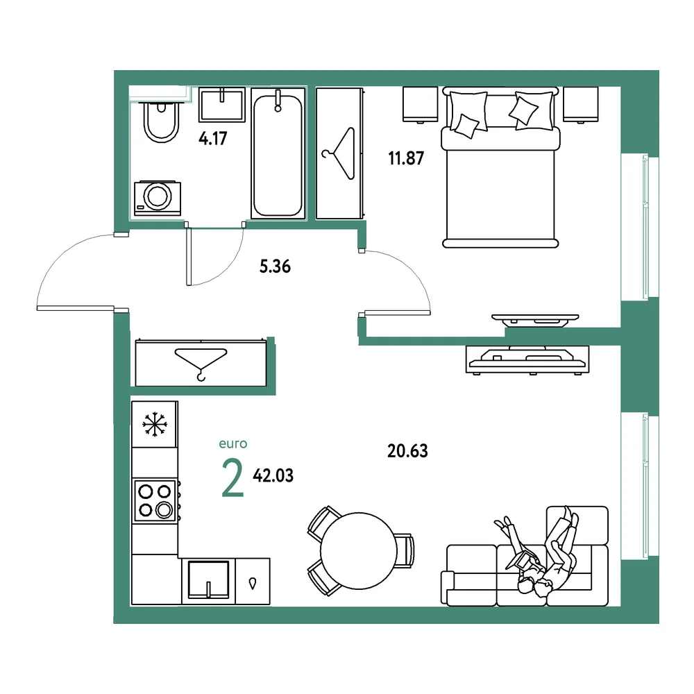 Планировка: Европейский берег 2.0 2-комнатная 42,03м²