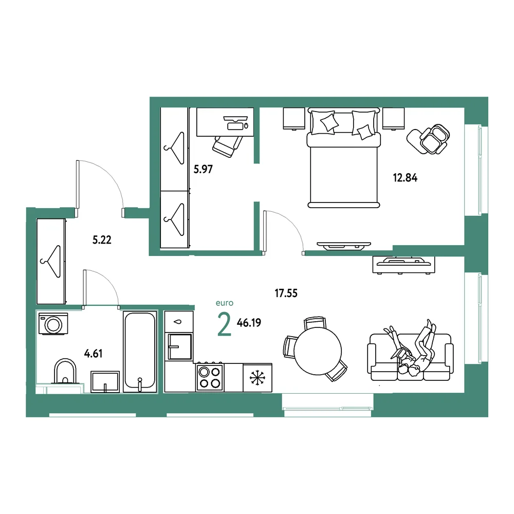 Планировка: Европейский берег 2.0 2-комнатная 46,19м²