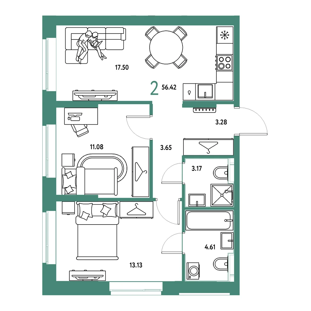 Планировка: Европейский берег 2.0 2-комнатная 56,42м²