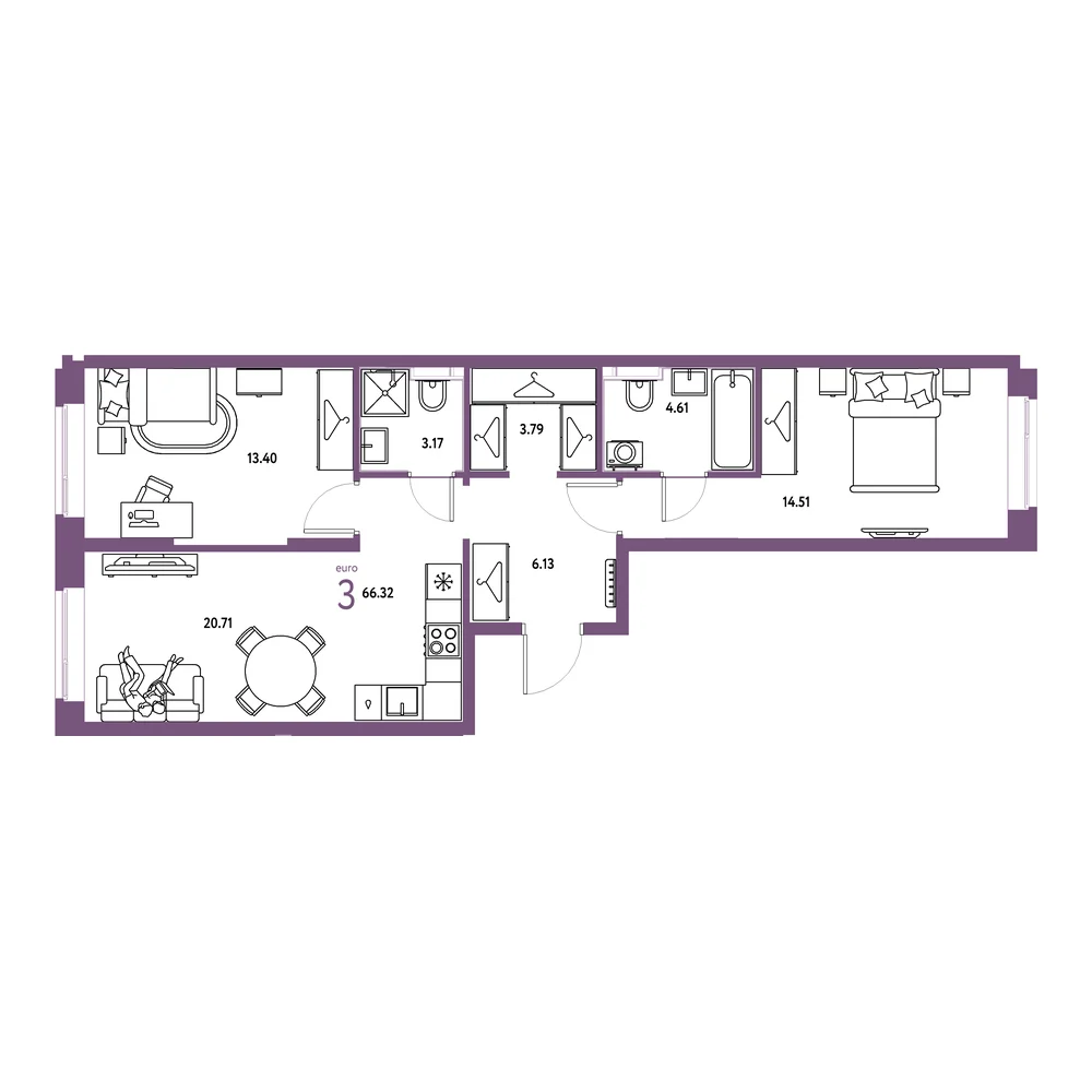Планировка: Европейский берег 2.0 3-комнатная 66,32м²