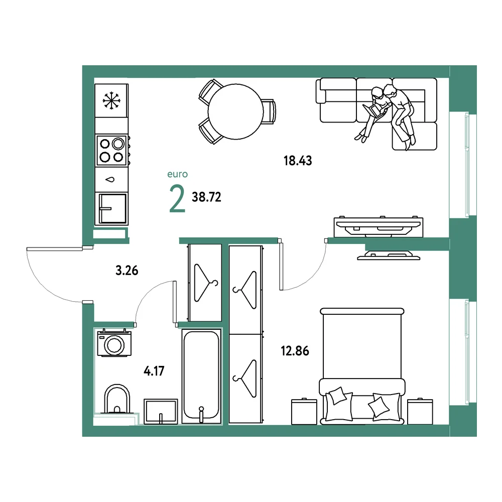 Планировка: Европейский берег 2.0 2-комнатная 38,72м²