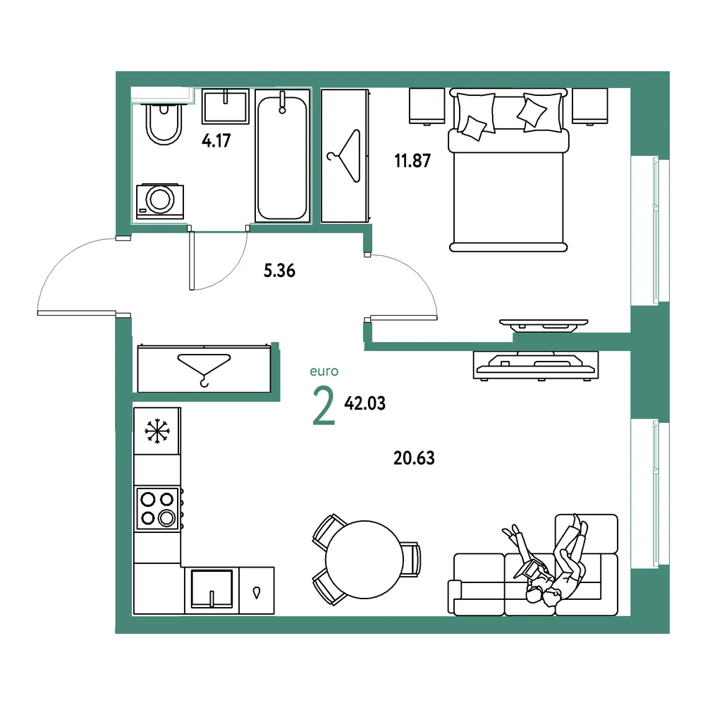 Планировка: Европейский берег 2.0 2-комнатная 42,03м²
