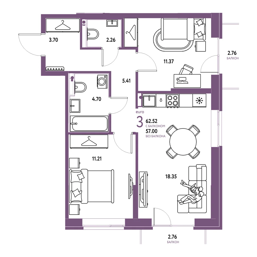 Планировка: Европейский берег 2.0 3-комнатная 62,52м²