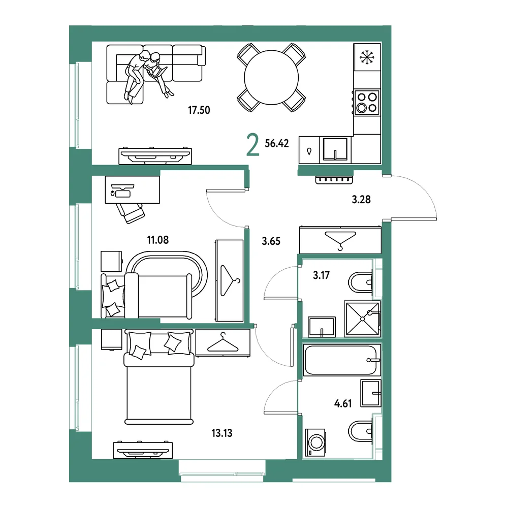 Планировка: Европейский берег 2.0 2-комнатная 56,42м²