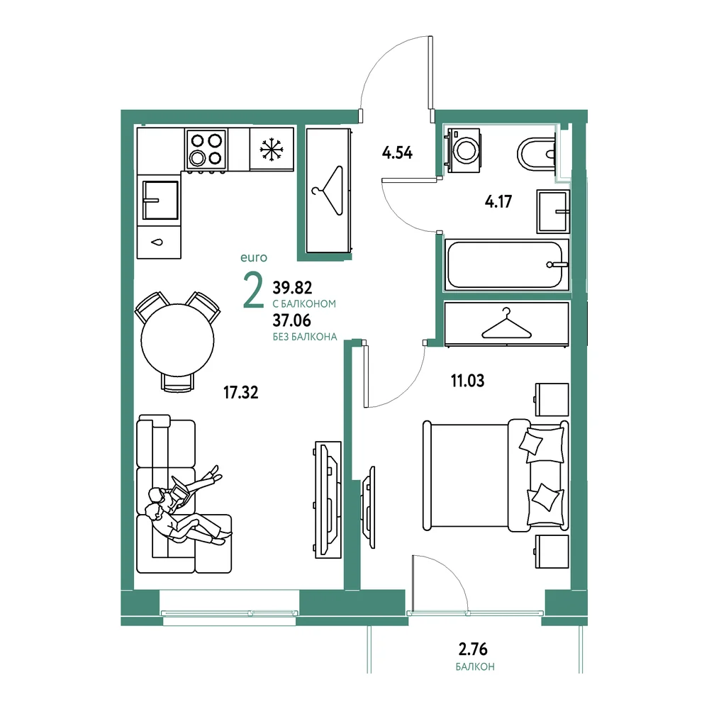 Планировка: Европейский берег 2.0 2-комнатная 39,82м²