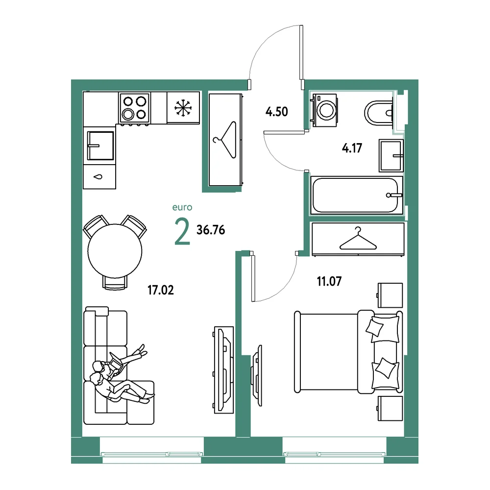 Планировка: Европейский берег 2.0 2-комнатная 36,76м²