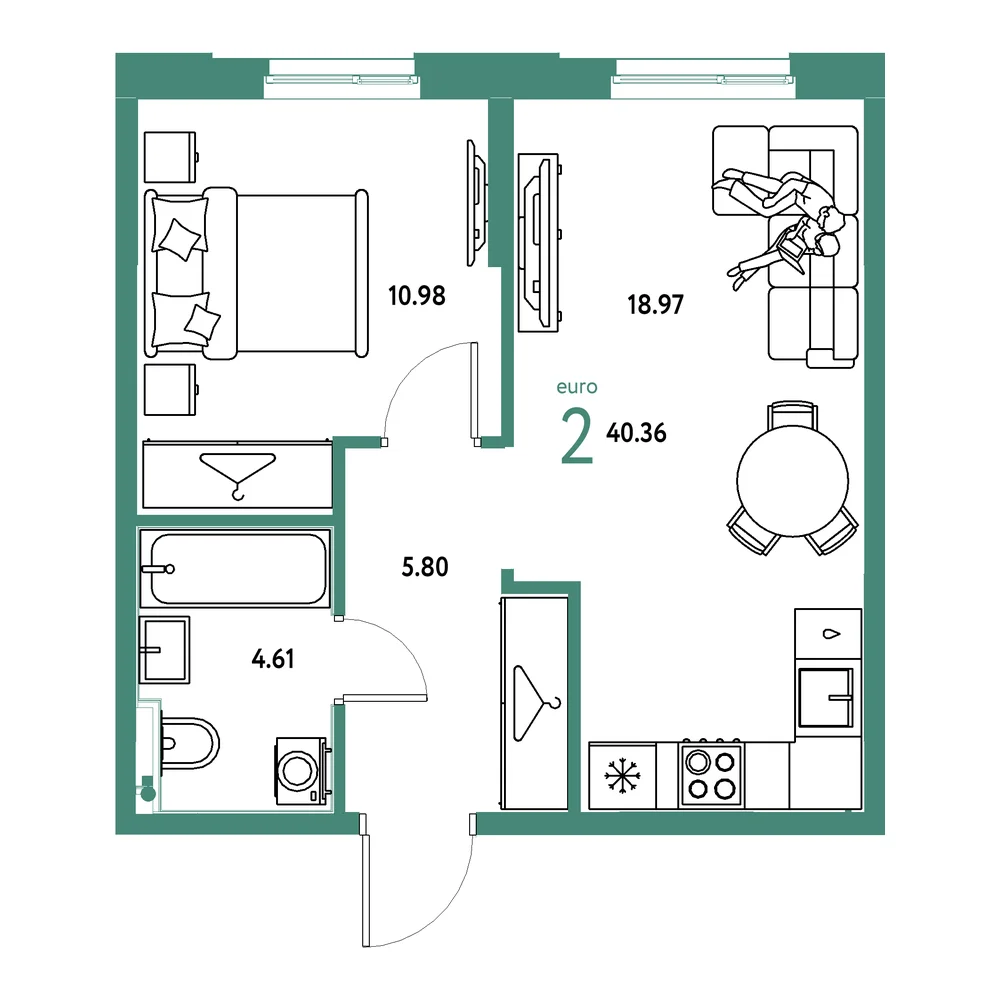Планировка: Европейский берег 2.0 2-комнатная 40,36м²