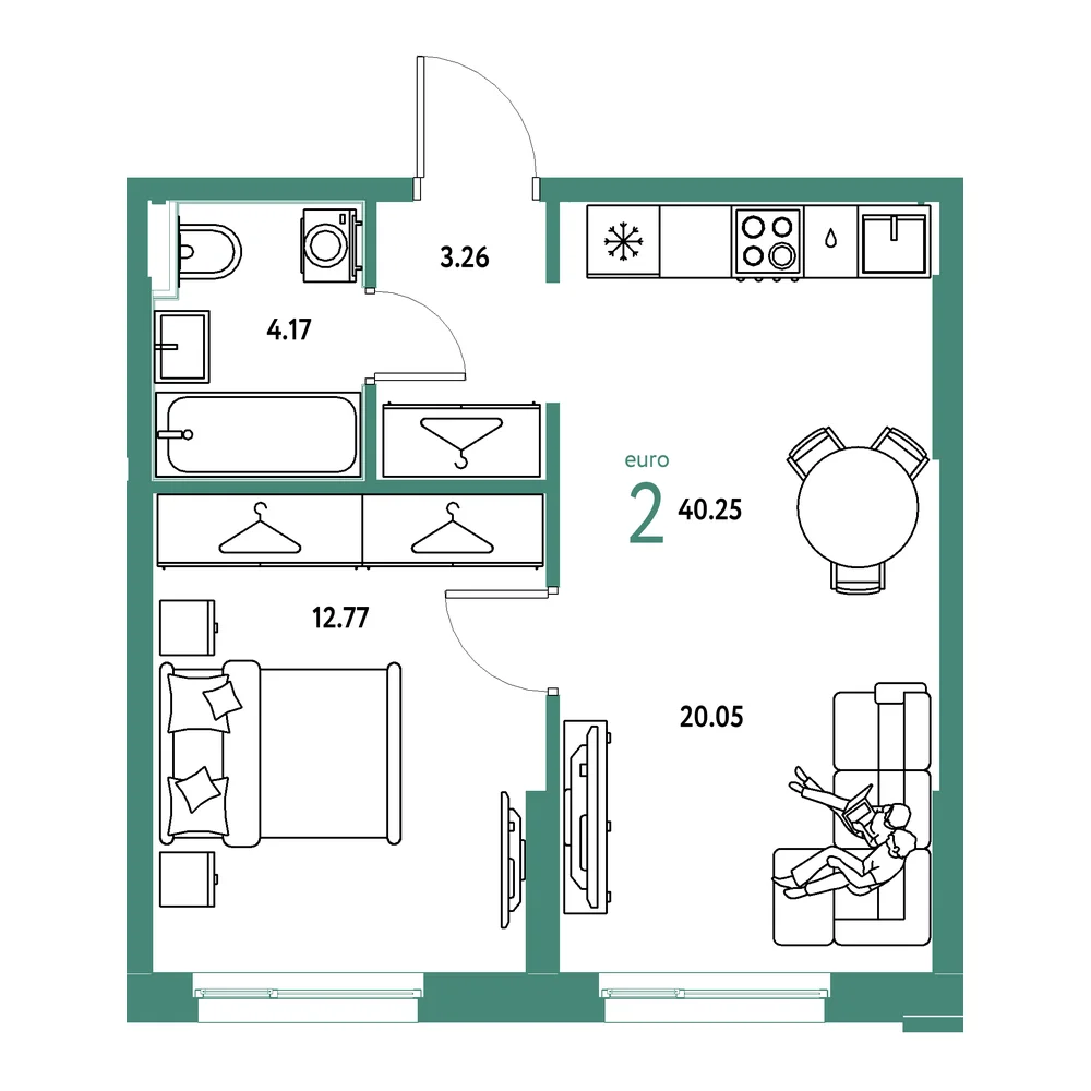 Планировка: Европейский берег 2.0 2-комнатная 40,25м²