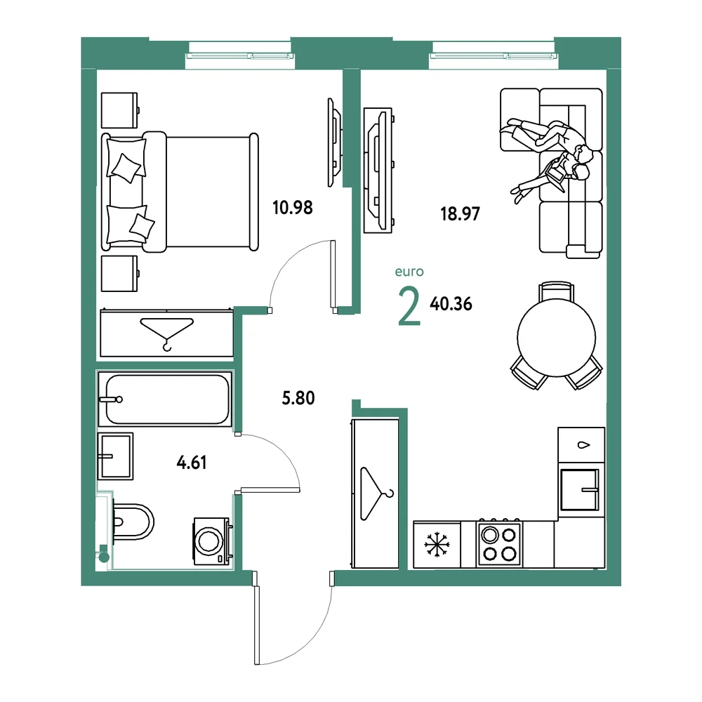 Планировка: Европейский берег 2.0 2-комнатная 40,36м²