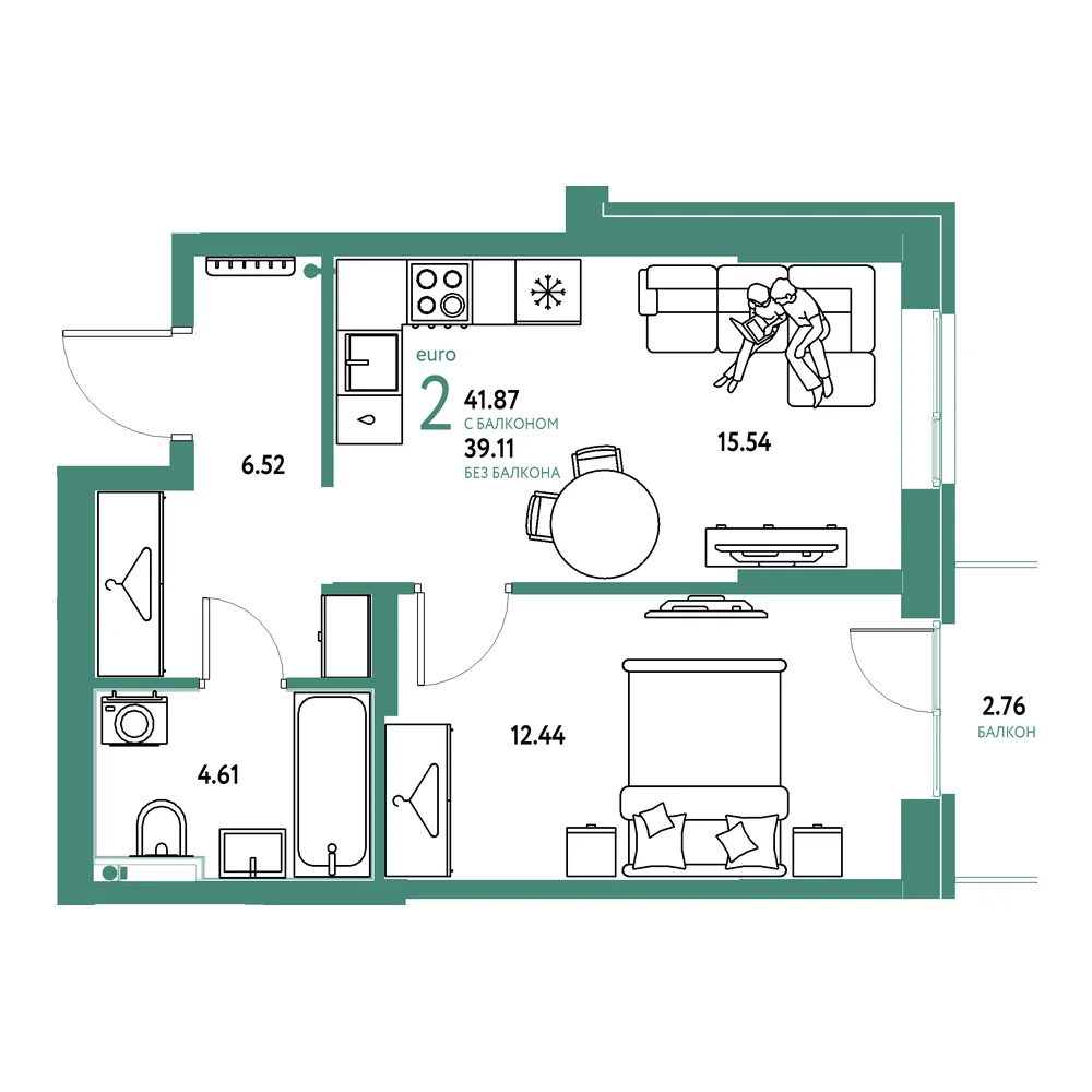 Планировка: Европейский берег 2.0 2-комнатная 41,87м²